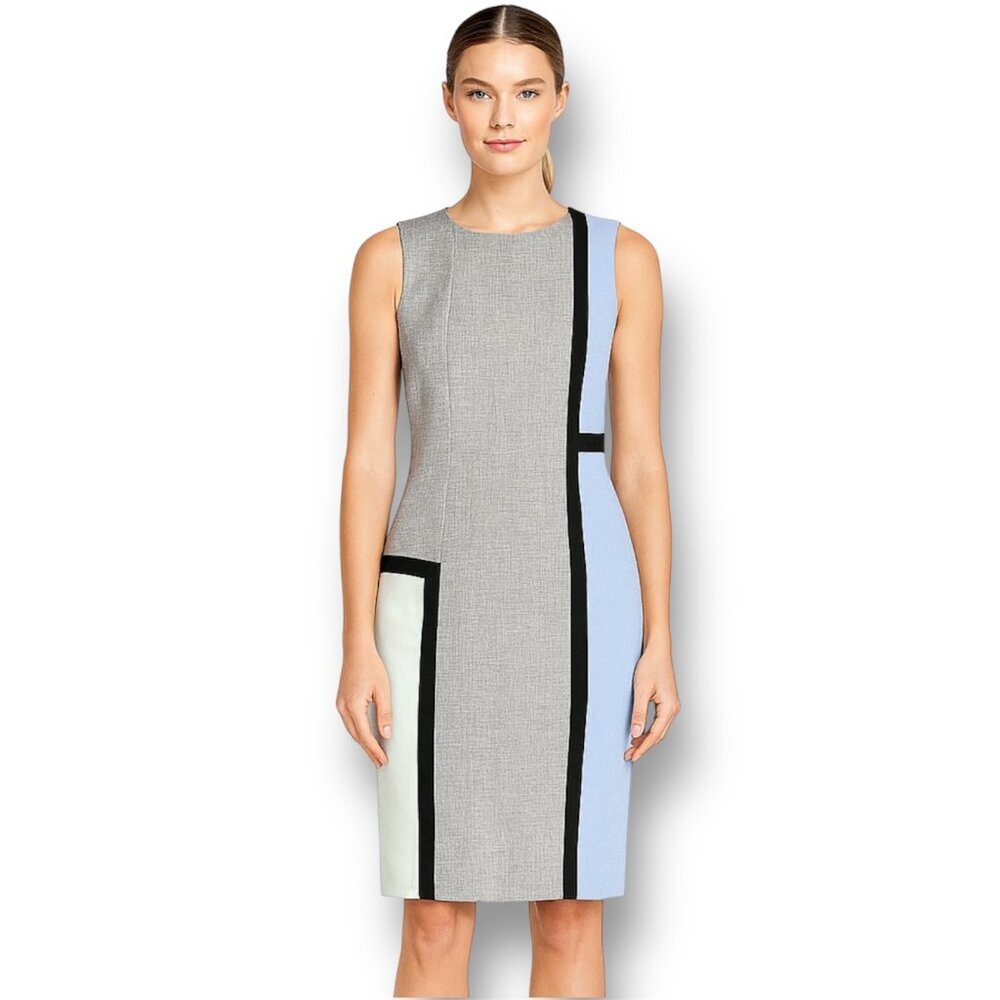 Calvin Klein 10 Gray Blue Colorblock Sheath Midi Dress Sleeveless Work Office - Picture 2 of 10